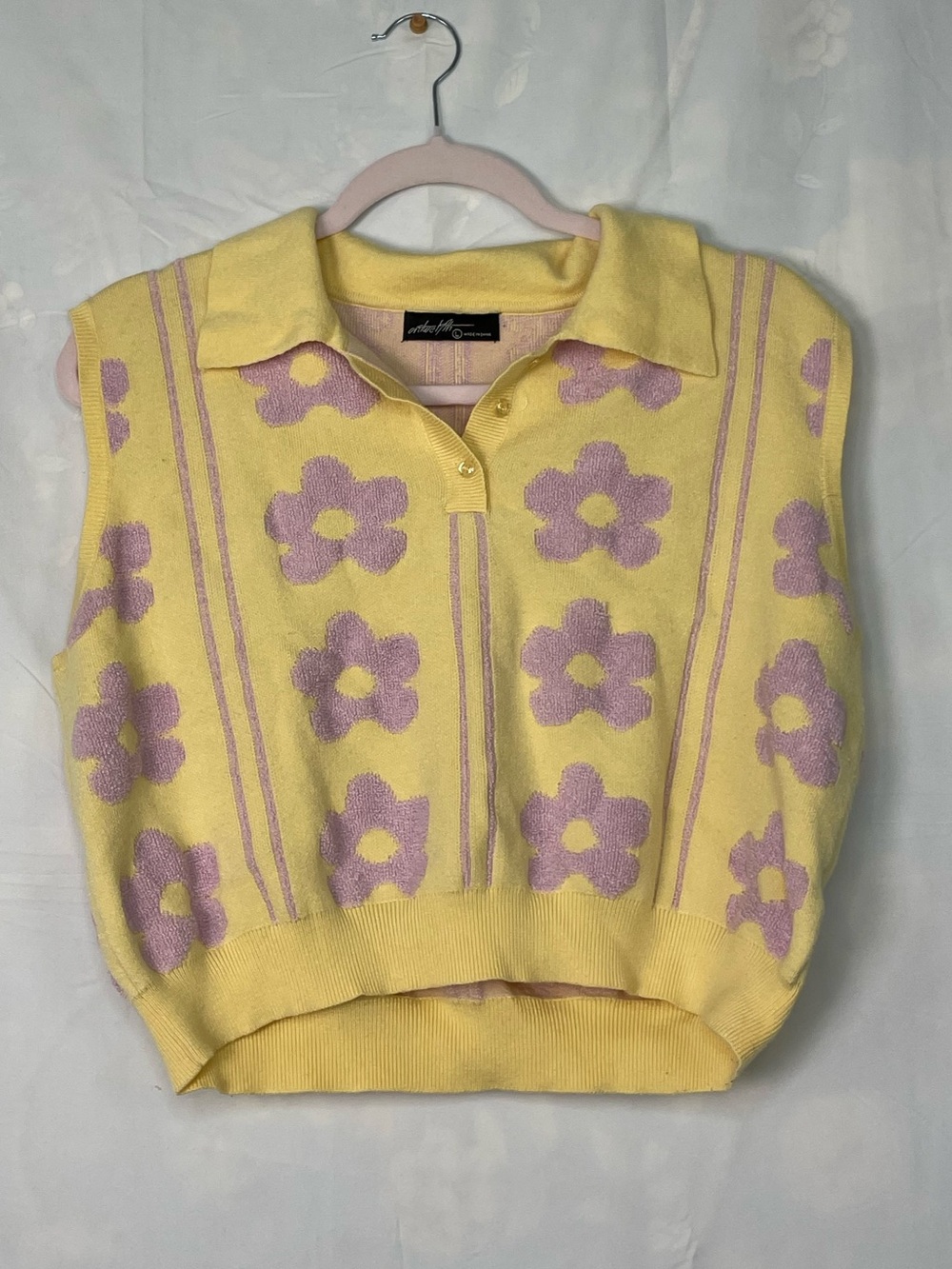 OnTwelfth Yellow and Pink Terry Cloth Button-up Sweater Vest